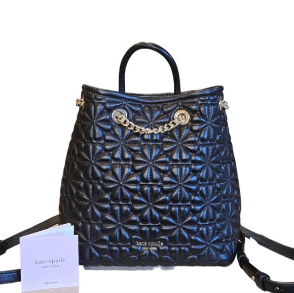 Kate Spade New York Quilted Leather Bloom Chain Strap Backpack Handbag in BLK - Picture 2 of 13